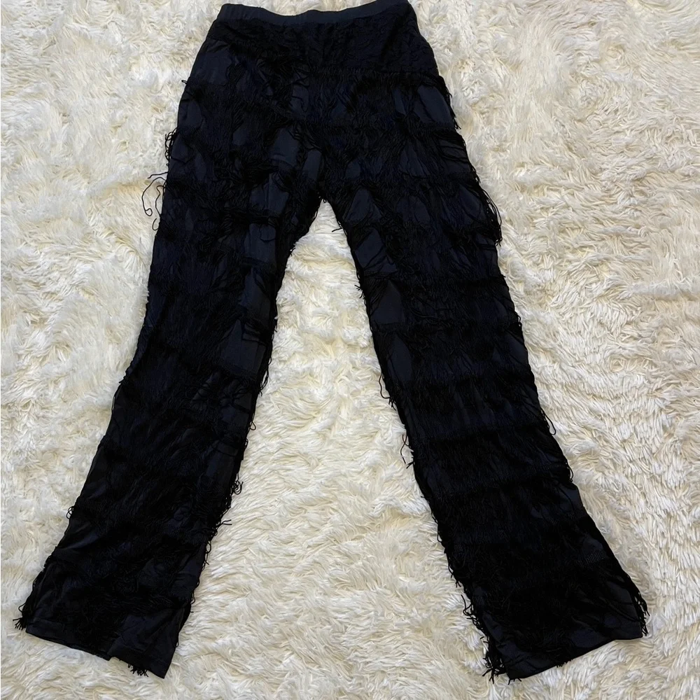 Black Layered Fringe Pants Wide Leg Tassel Streetwear Boho Festival Goth Small - Picture 4 of 8